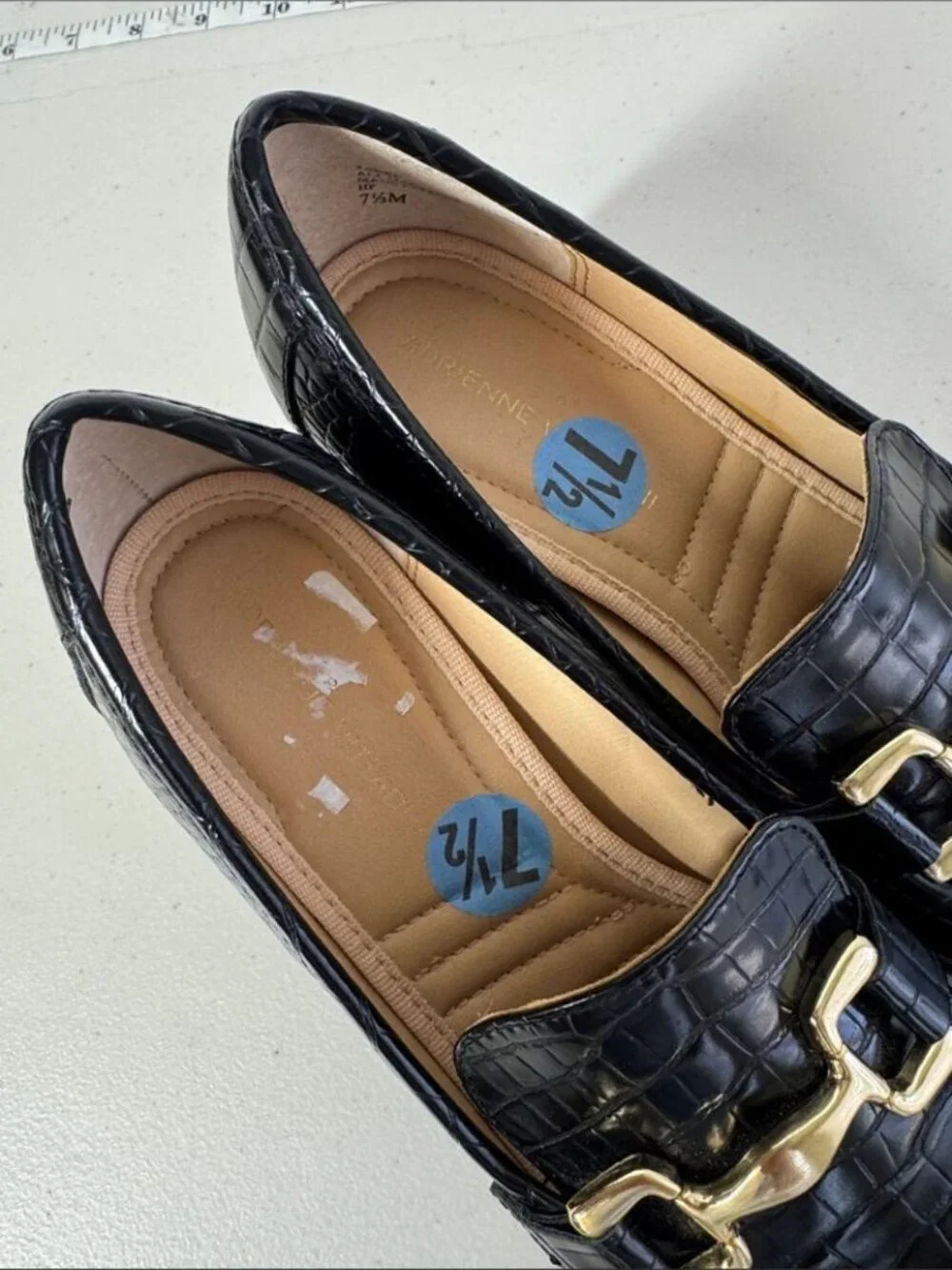 Adrienne Vittadini Croc Embossed Loafers Black 7.5 Gold Bit Classic Chic Preppy